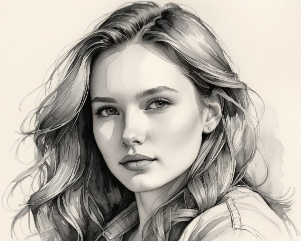 Monochrome Portrait of a Young Woman with Wavy Hair