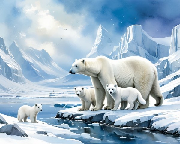 Mother Polar Bear with Cubs in Arctic Landscape