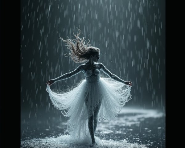 Dancer in Ethereal Gown Twirling in Rainy Setting