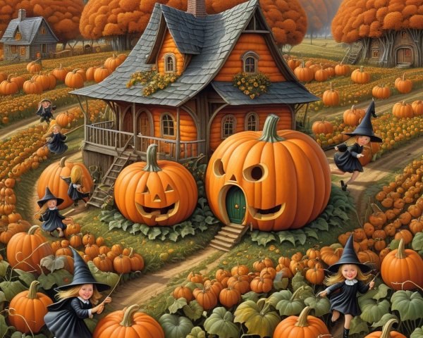 Whimsical Halloween Scene with Orange House and Pumpkins