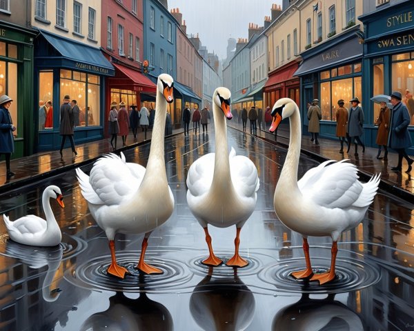 Elegant Swans on Rain-Slicked Urban Street Scene