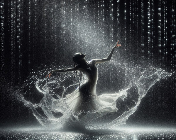 Dancer in White Dress Surrounded by Water Droplets