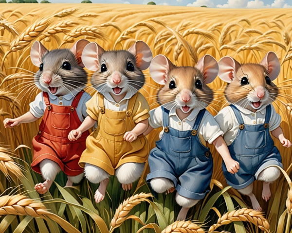 Cheerful cartoon mice in colorful overalls in wheat field