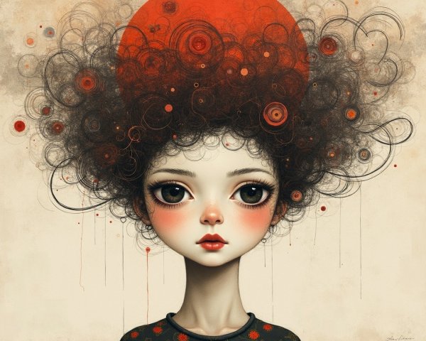 Whimsical Character with Curly Hair and Somber Expression