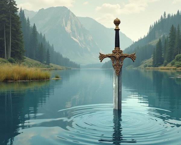 Majestic Sword in Tranquil Waters and Lush Landscape