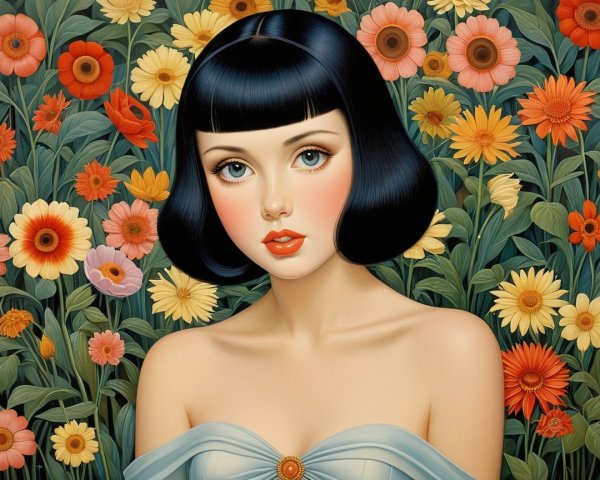 Portrait of a woman in a vibrant floral setting