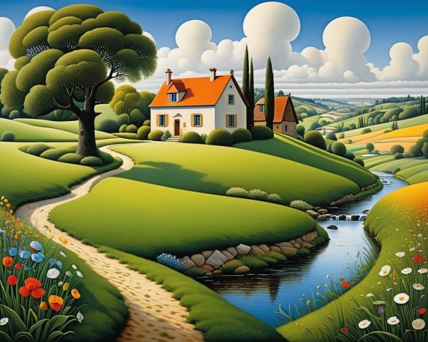 Serene Countryside Scene with Quaint House and Stream
