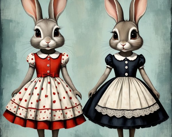 Charming Rabbits in Vintage Dresses on Textured Background