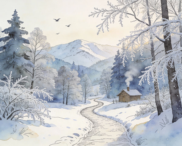 Winter Landscape with Cabin and Snow-Capped Mountains