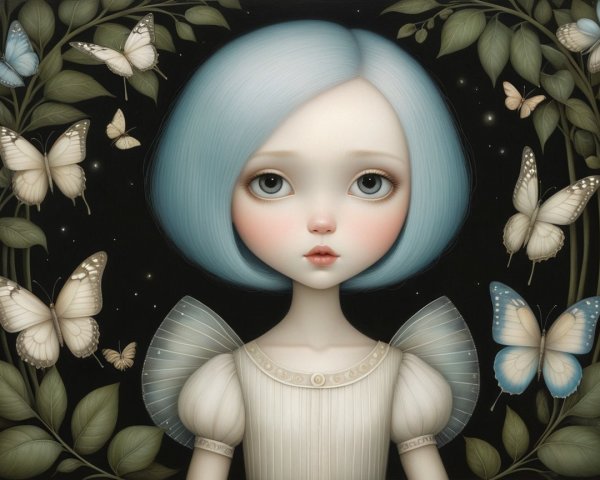 Whimsical Painting of a Girl in Nature with Butterflies