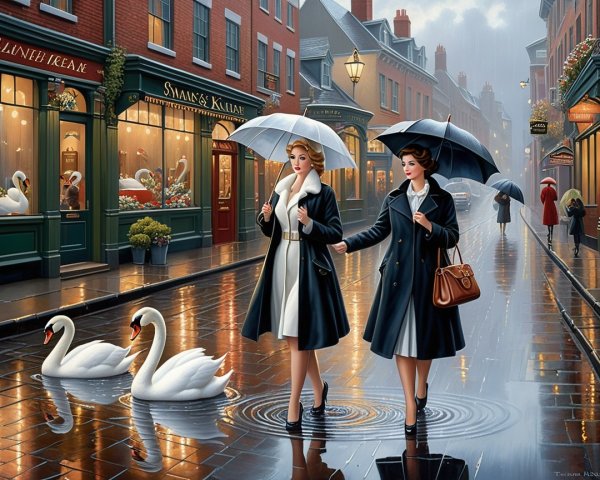 Elegant Women Strolling on Rainy Cobblestone Street