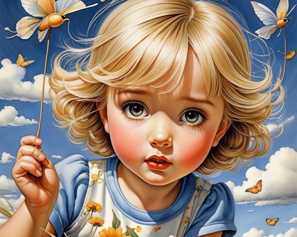 Child Holding Butterfly in Sunny Meadow Scene