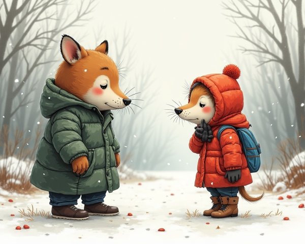 Cartoon foxes in a snowy forest setting