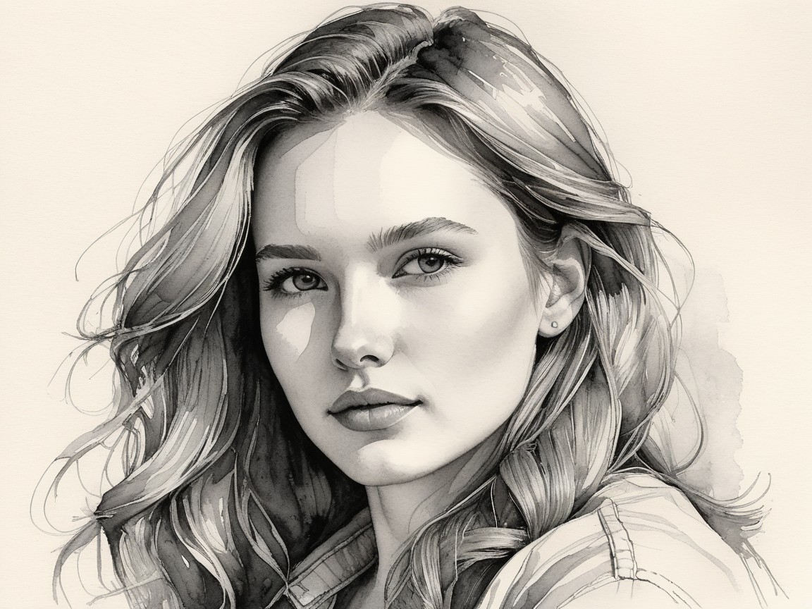 Monochrome Portrait of a Young Woman with Wavy Hair