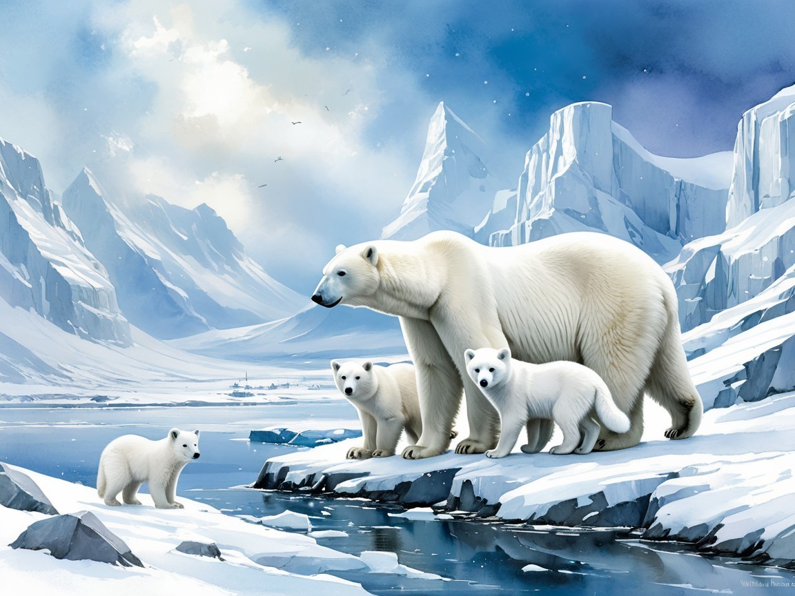 Mother Polar Bear with Cubs in Arctic Landscape