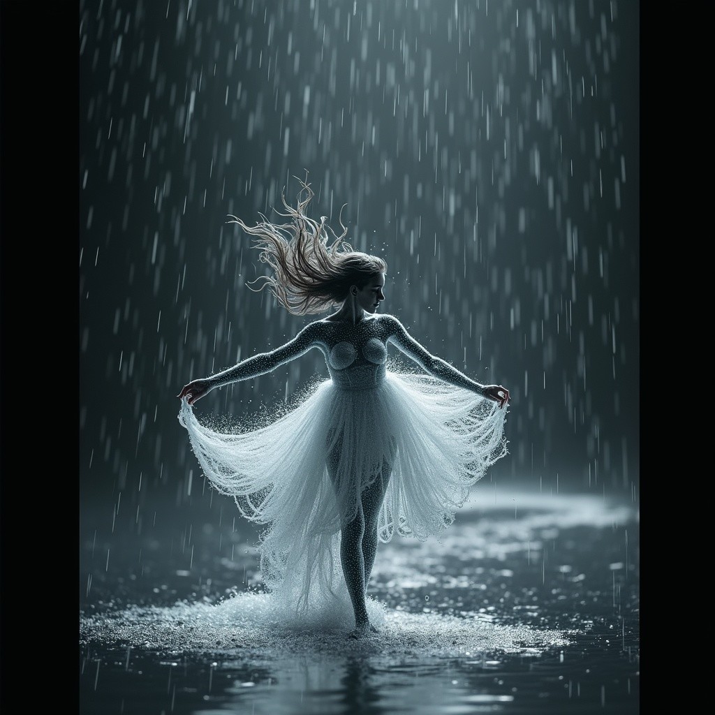 Dancer in Ethereal Gown Twirling in Rainy Setting