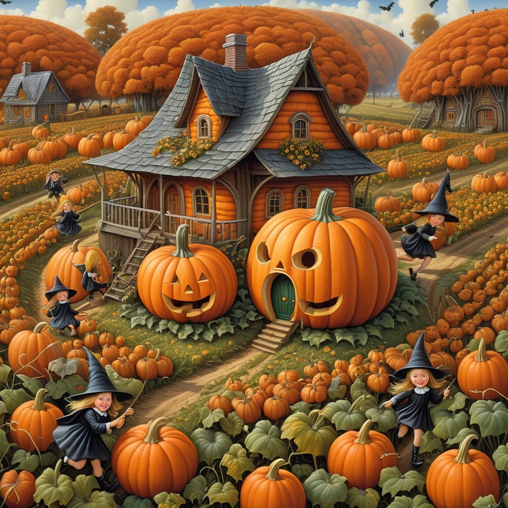 Whimsical Halloween Scene with Orange House and Pumpkins