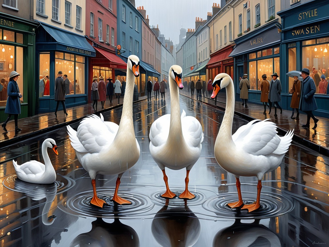 Elegant Swans on Rain-Slicked Urban Street Scene