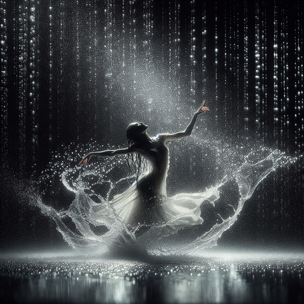 Dancer in White Dress Surrounded by Water Droplets