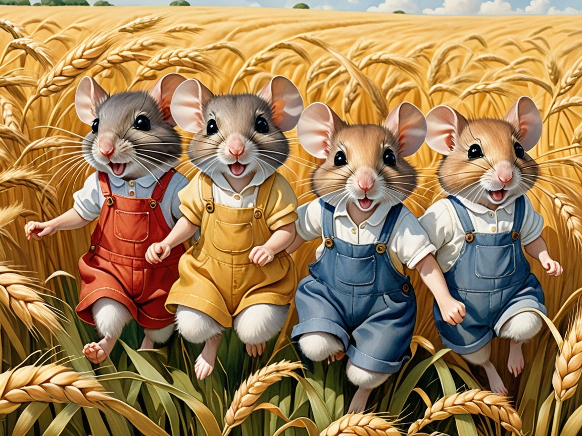 Cheerful cartoon mice in colorful overalls in wheat field