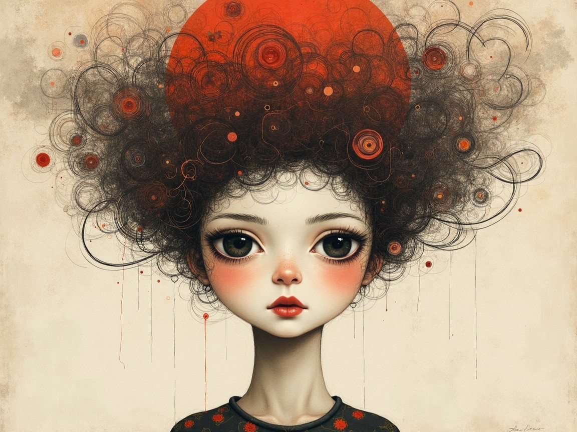 Whimsical Character with Curly Hair and Somber Expression
