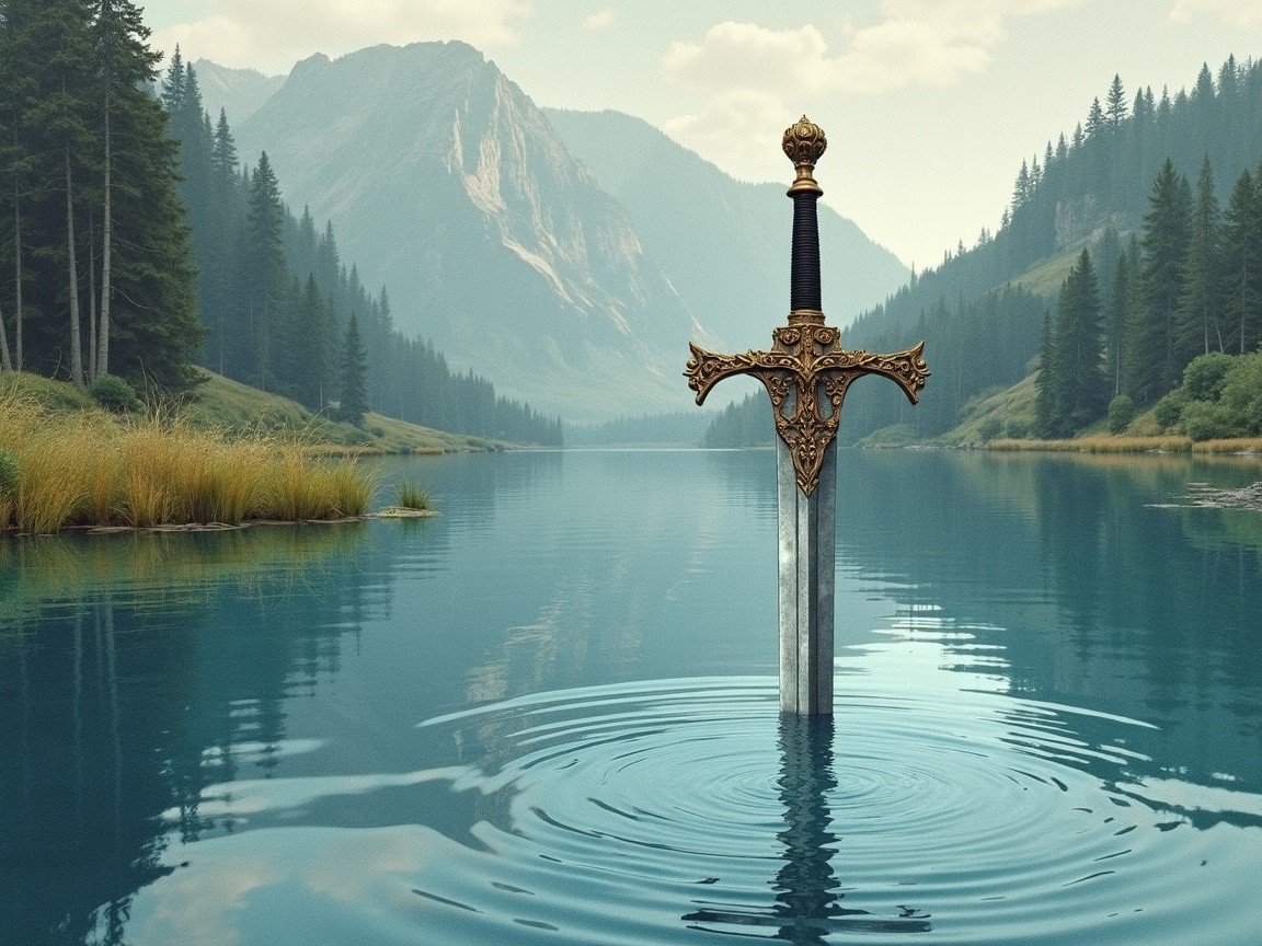 Majestic Sword in Tranquil Waters and Lush Landscape