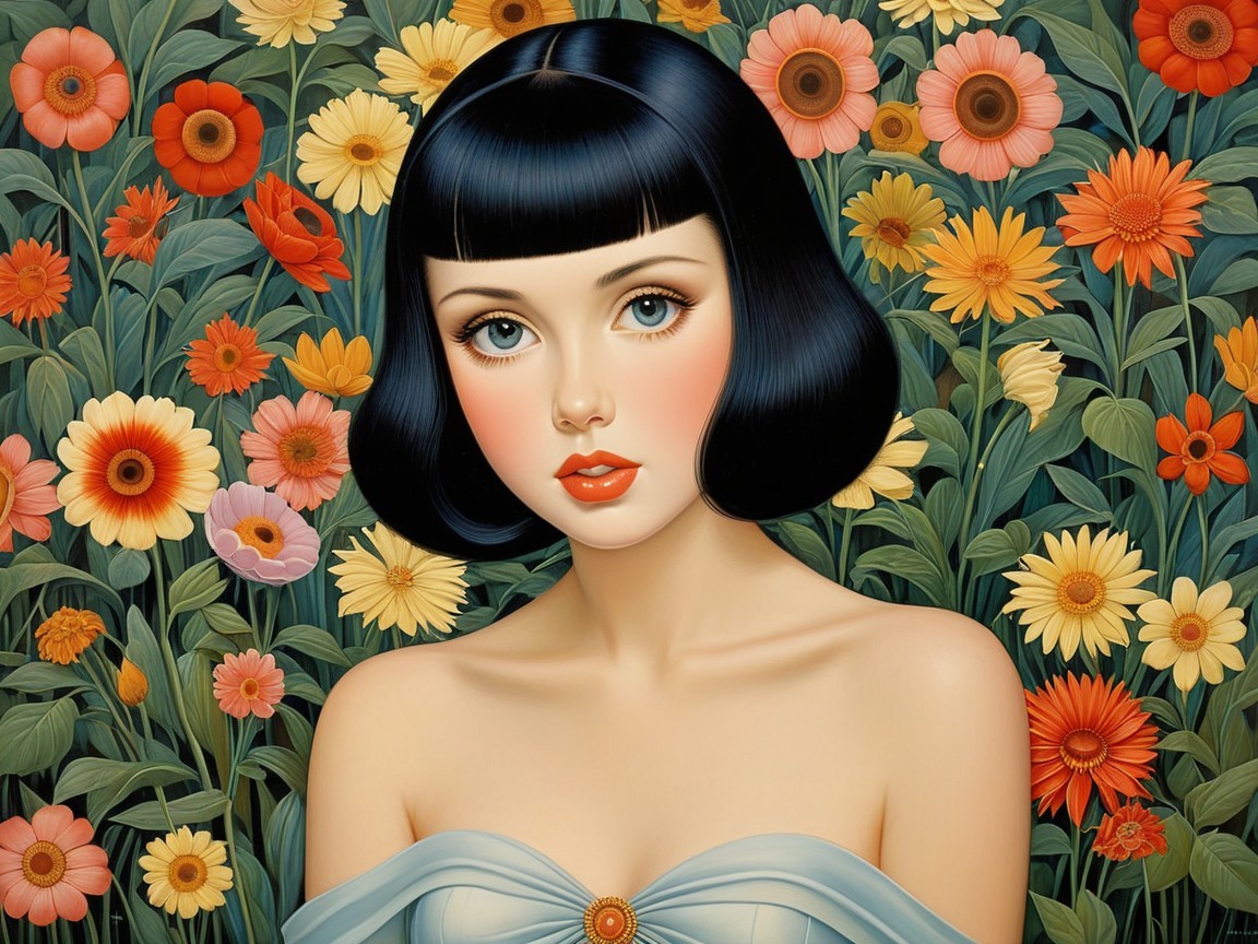 Portrait of a woman in a vibrant floral setting