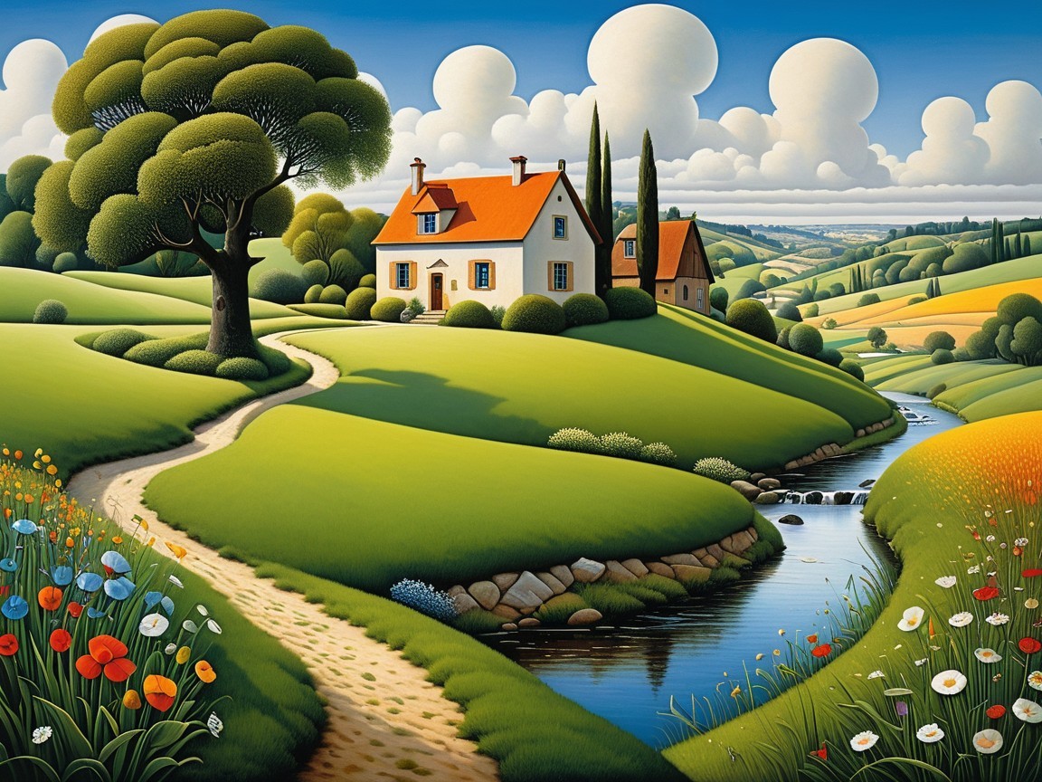 Serene Countryside Scene with Quaint House and Stream