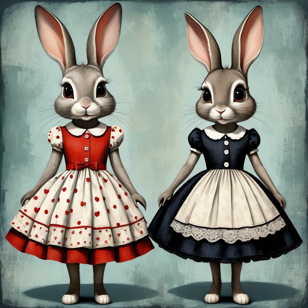 Charming Rabbits in Vintage Dresses on Textured Background
