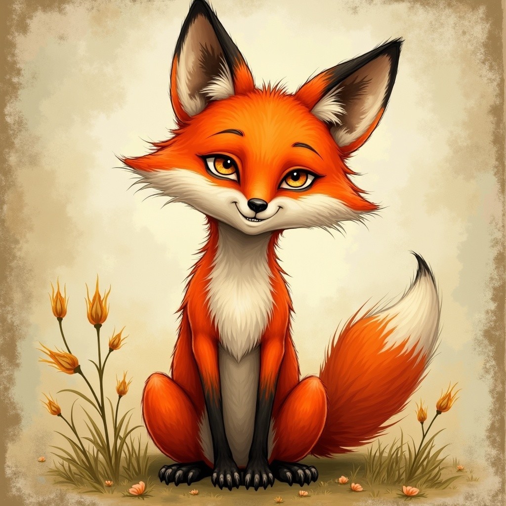 Cartoon-Style Fox Surrounded by Yellow Flowers