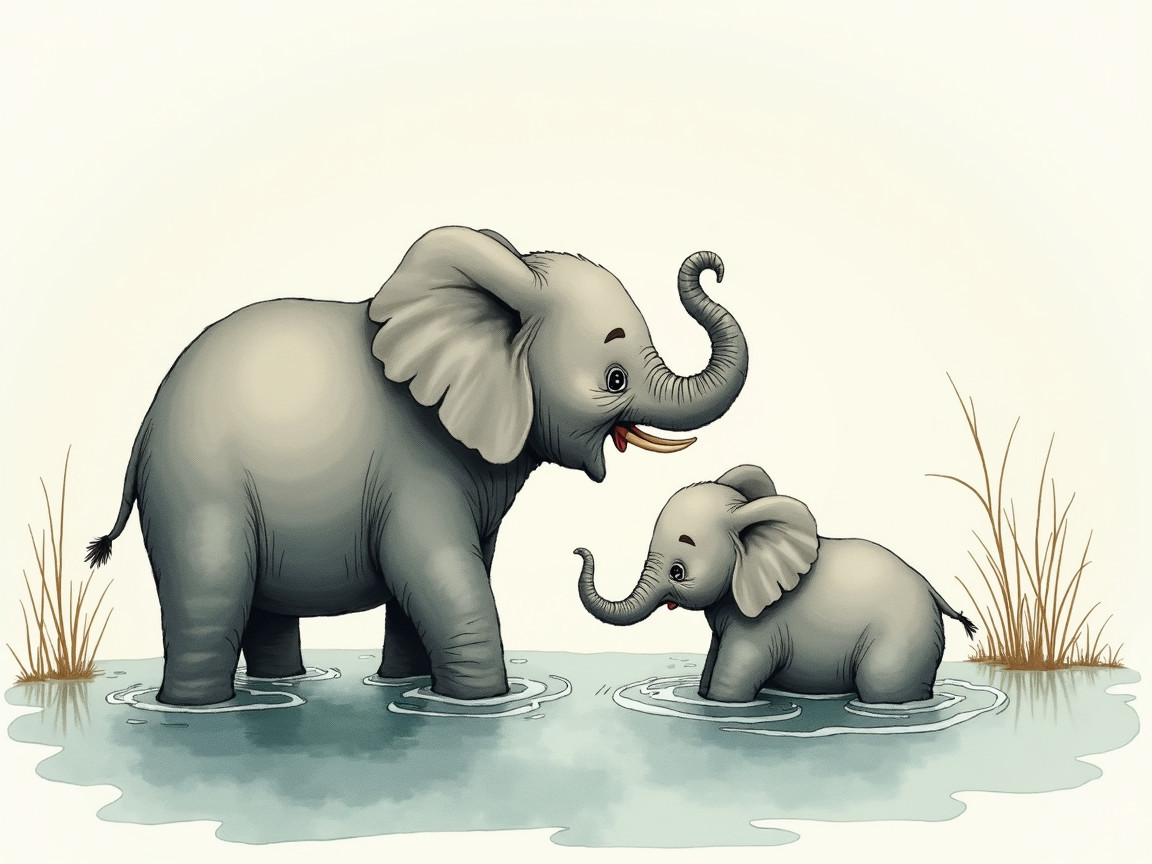 Mother Elephant and Calf in Calm Water Illustration