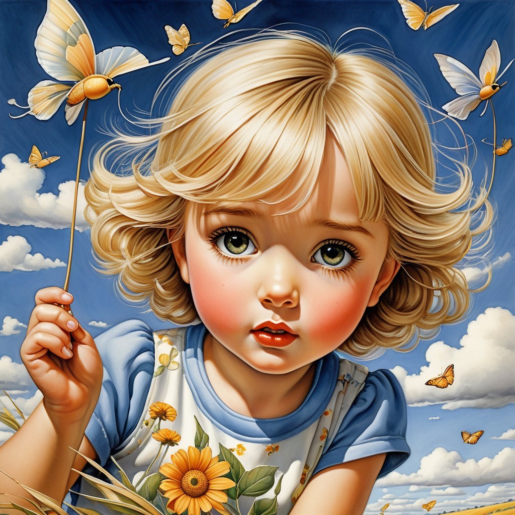 Child Holding Butterfly in Sunny Meadow Scene
