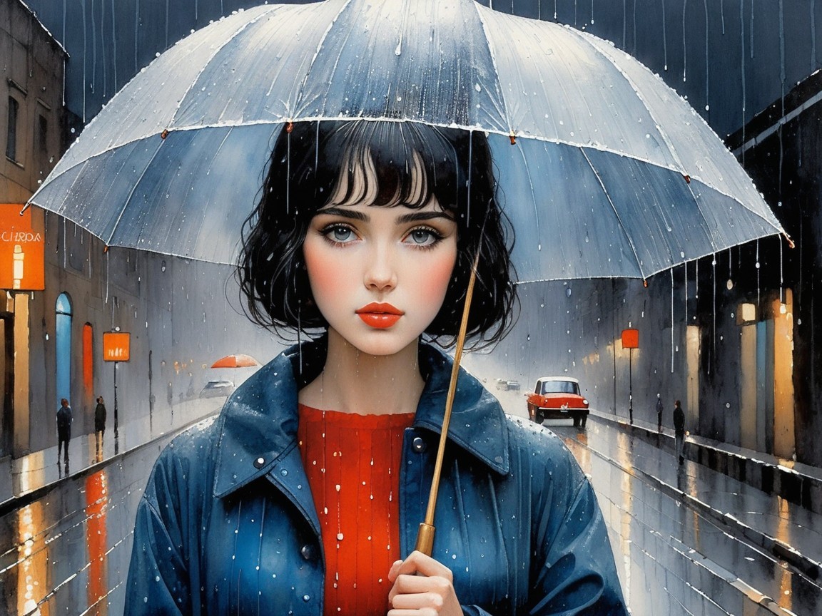 Young Woman with Umbrella in Rainy City Scene