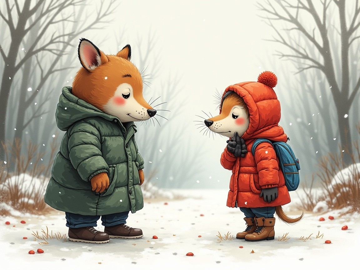 Cartoon foxes in a snowy forest setting