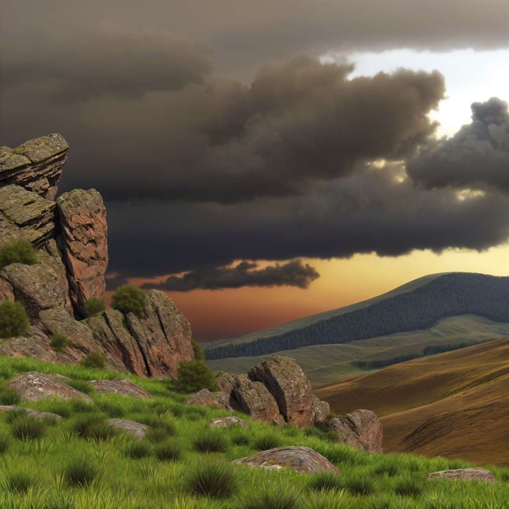 Rugged Rock Formations and Vibrant Green Grass Landscape