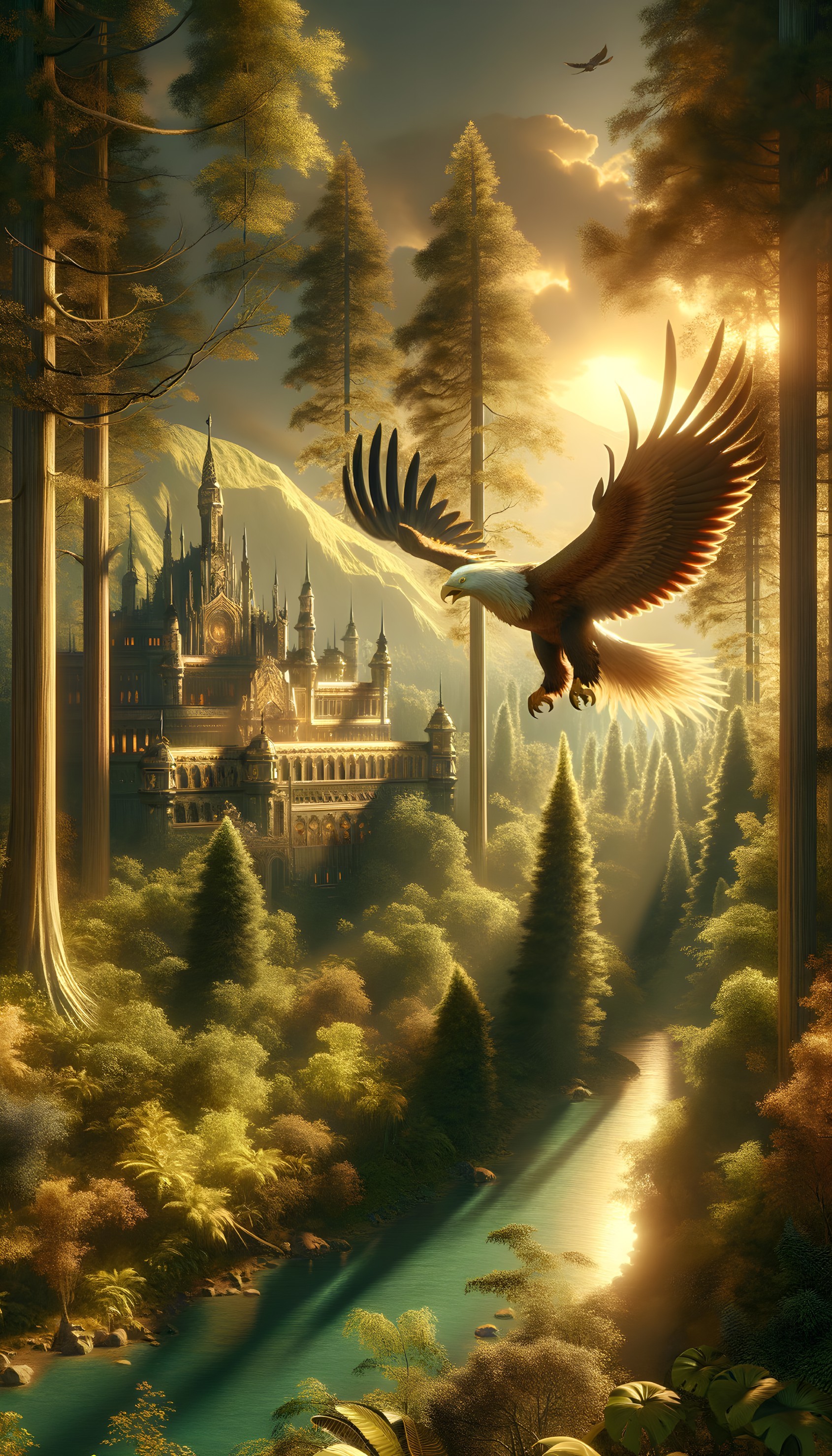 Eagle flying over fantasy forest with castle, river