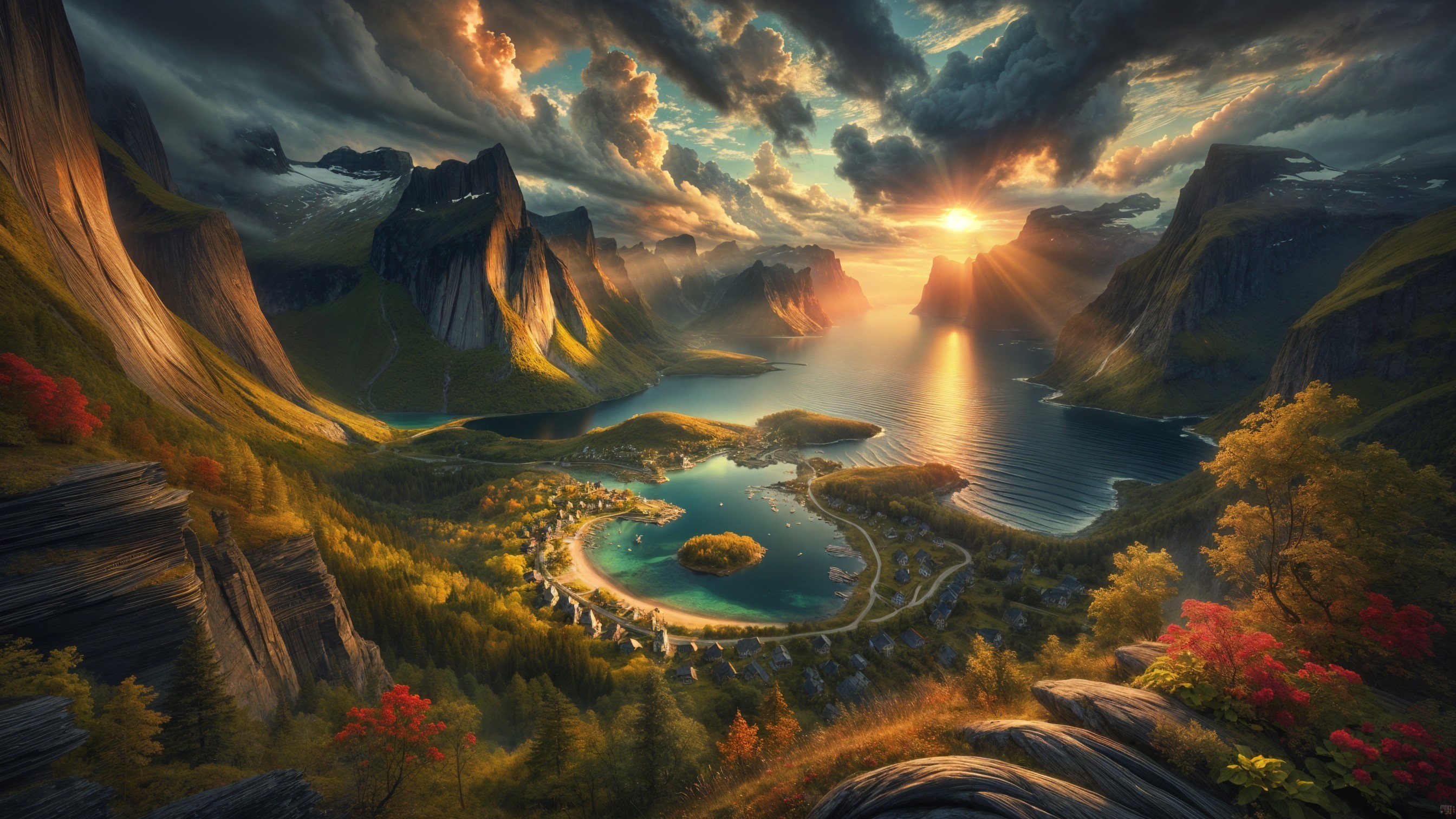 Tranquil Bay Landscape with Majestic Mountains and Sunset