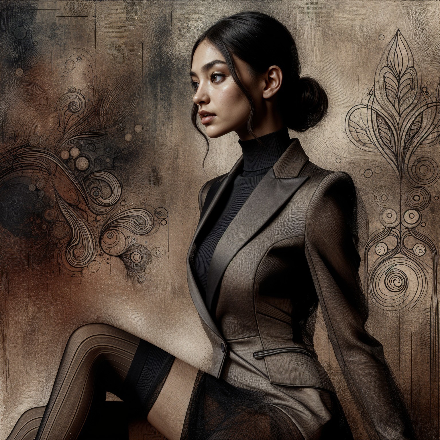 Elegant Young Woman in Tailored Brown Suit