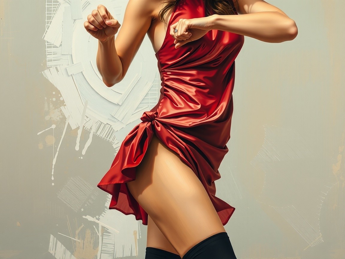 Confident Woman in Red Dress Against Abstract Background