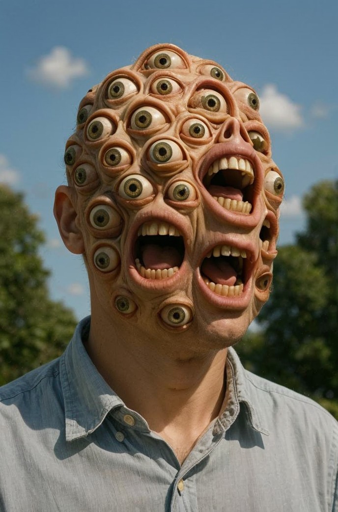 Surreal humanoid figure with multiple eyes and mouths