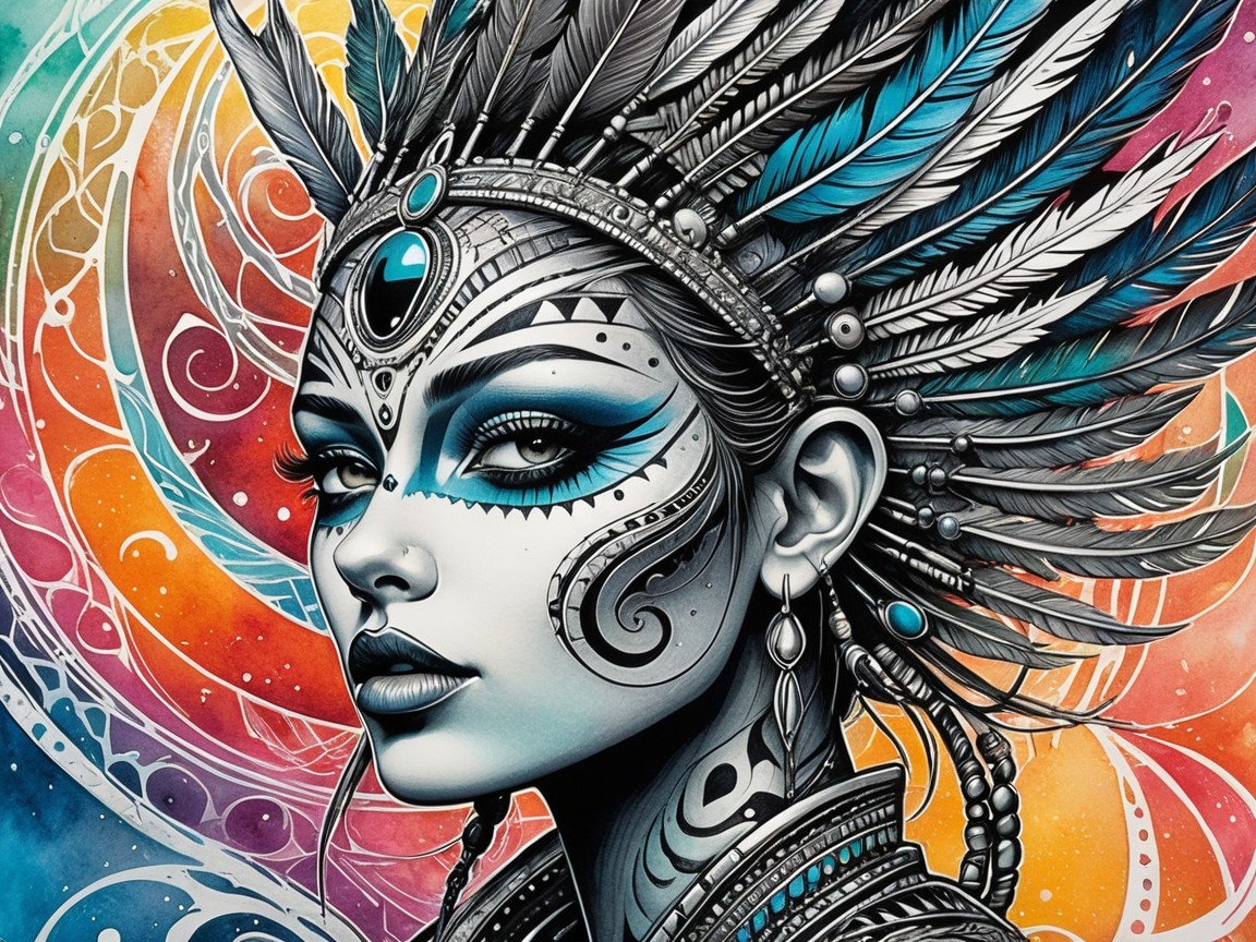 Portrait of a woman with tribal patterns and jewelry