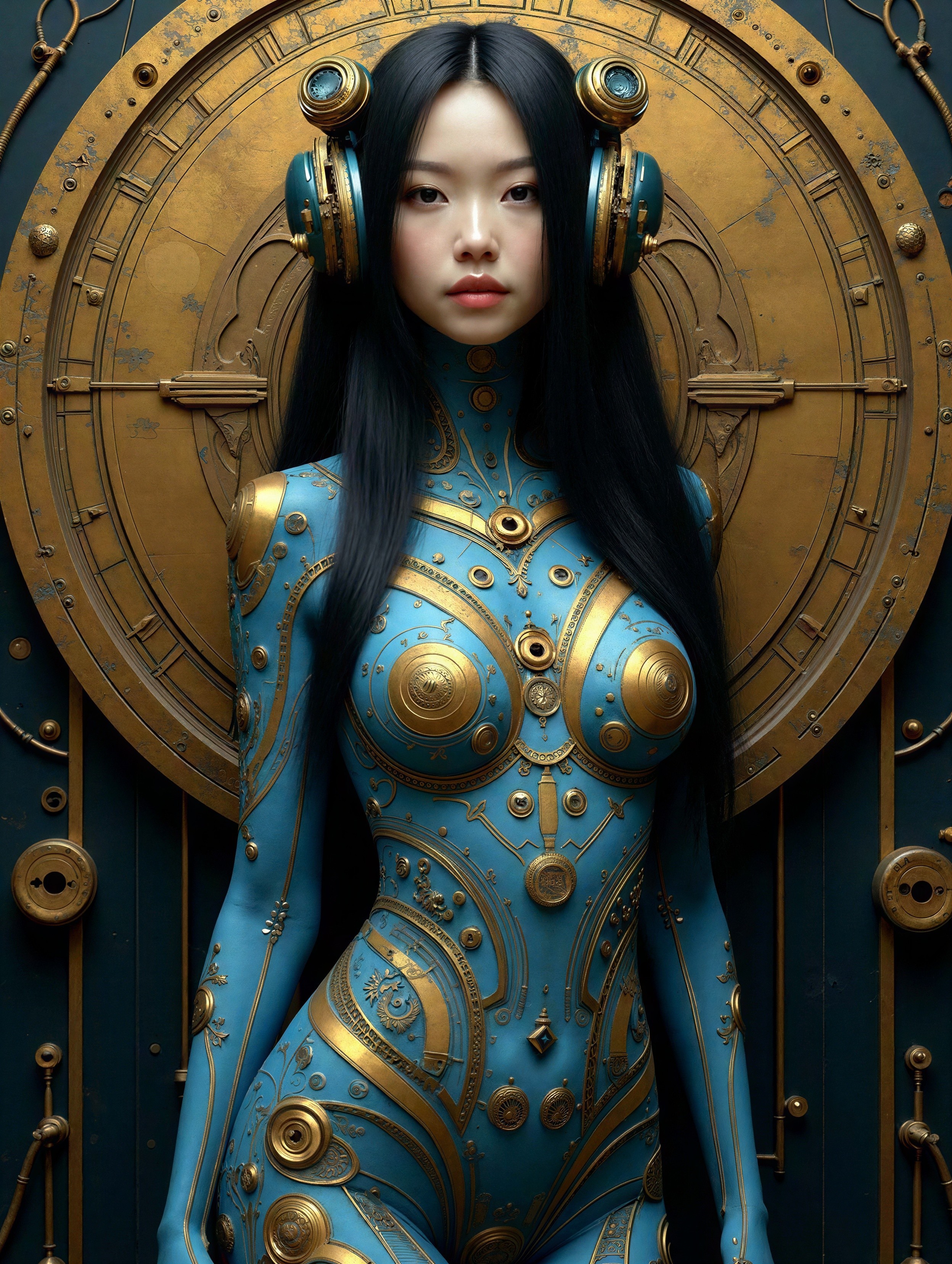 Young Woman in Steampunk Costume with Clock Background