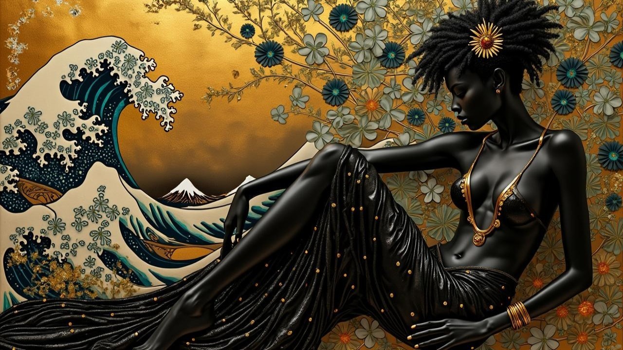 Elegant Woman in Black Gown with Golden Accents