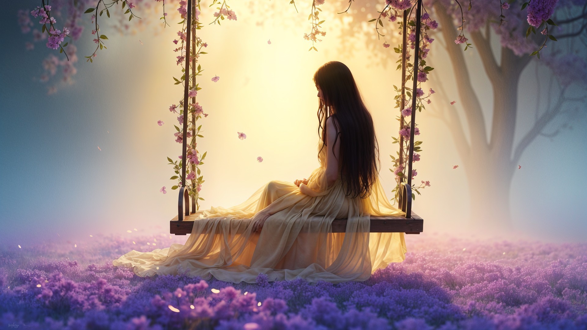 Young Woman on Blossom-Adorned Swing in Nature