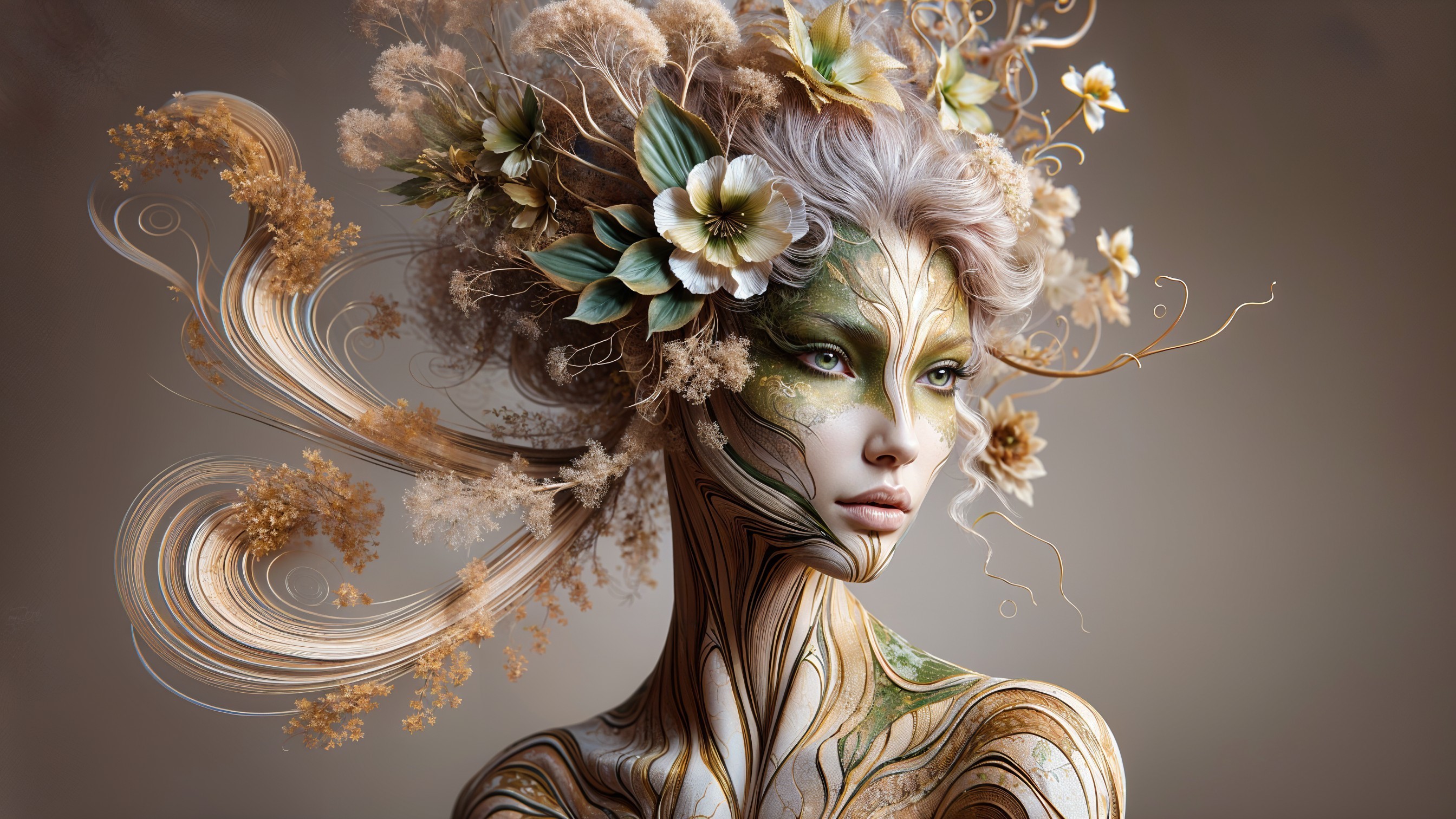 Nature-Inspired Figure with Floral and Earthy Design