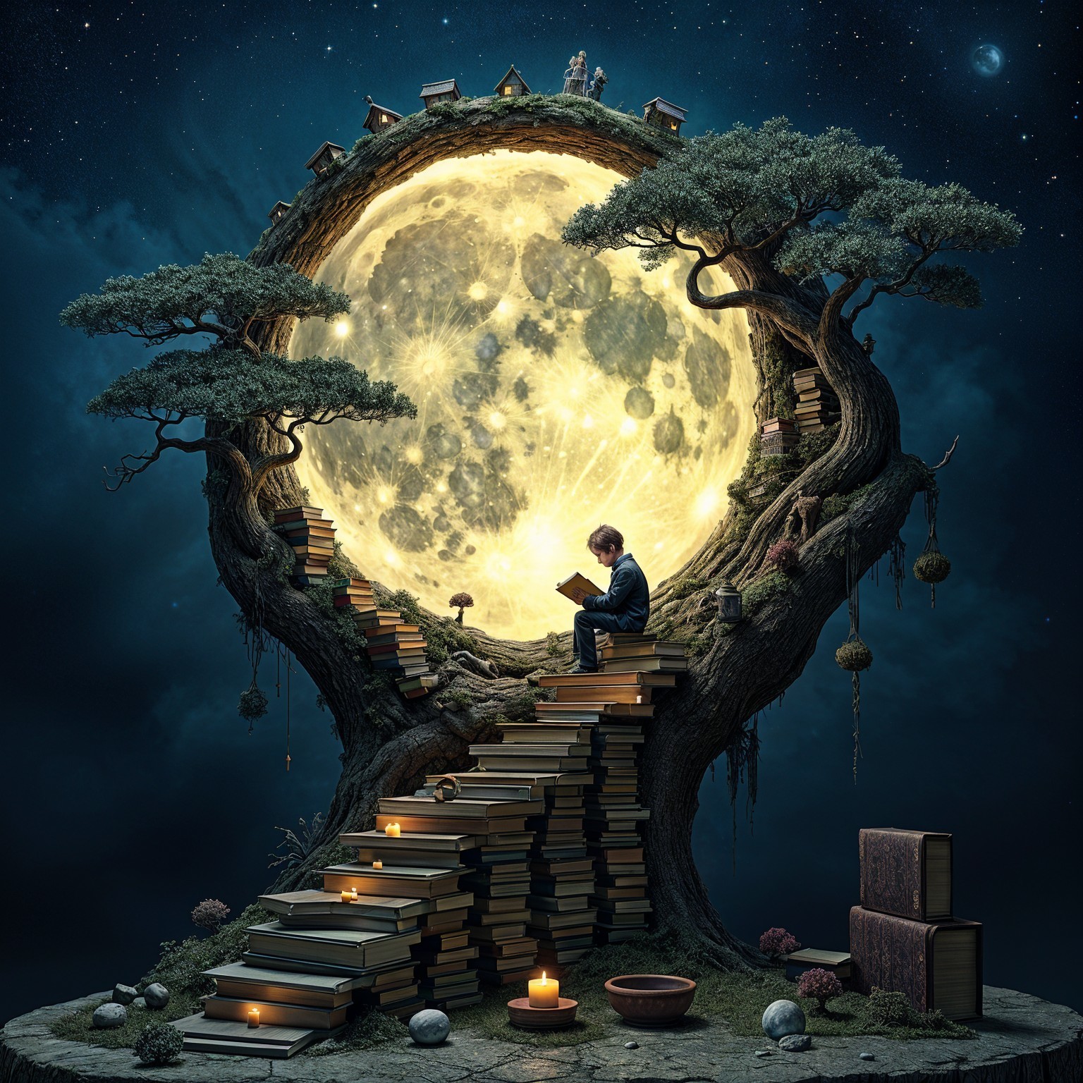 Mystical tree of books under a radiant full moon