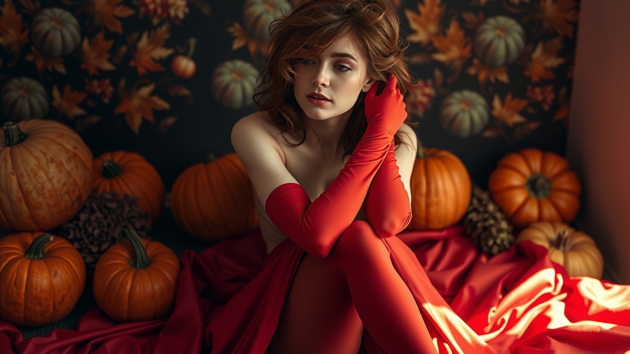Elegant Woman Among Autumn Pumpkins and Leaves