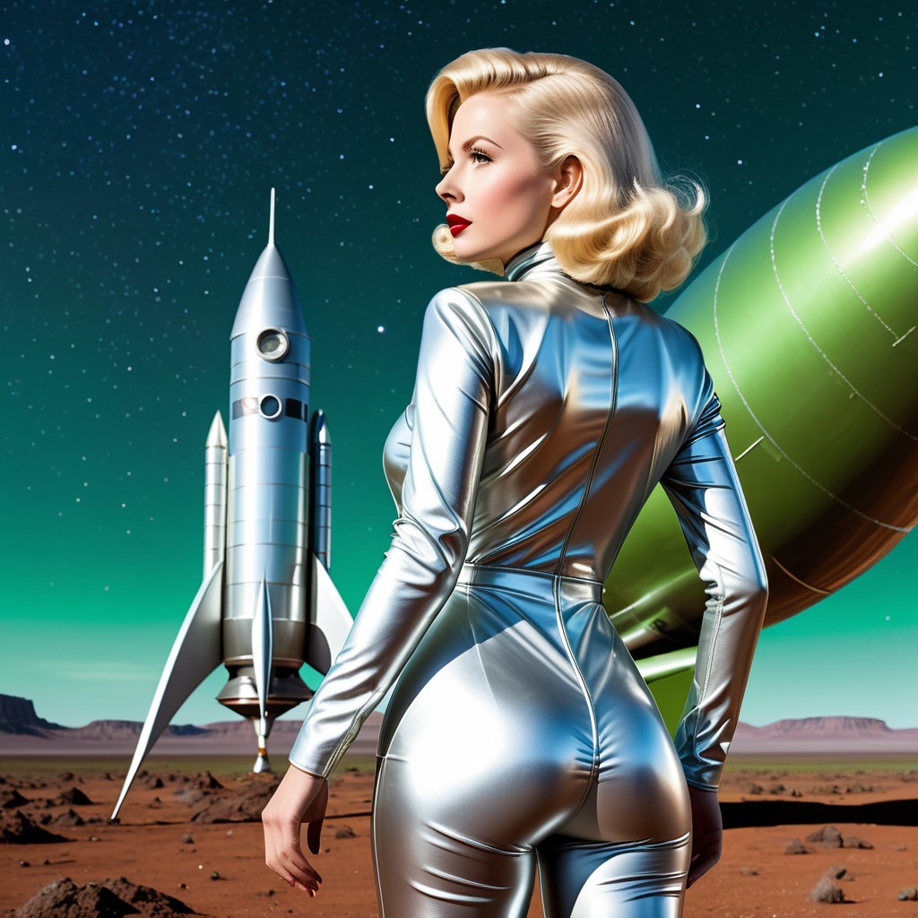 Woman in Silver Spacesuit on Martian Landscape