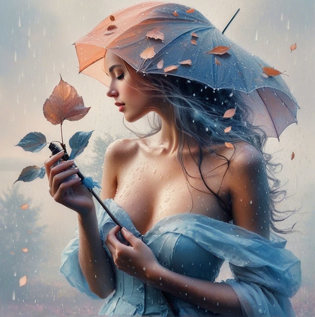 Serene Woman in Rain with Umbrella and Leaves