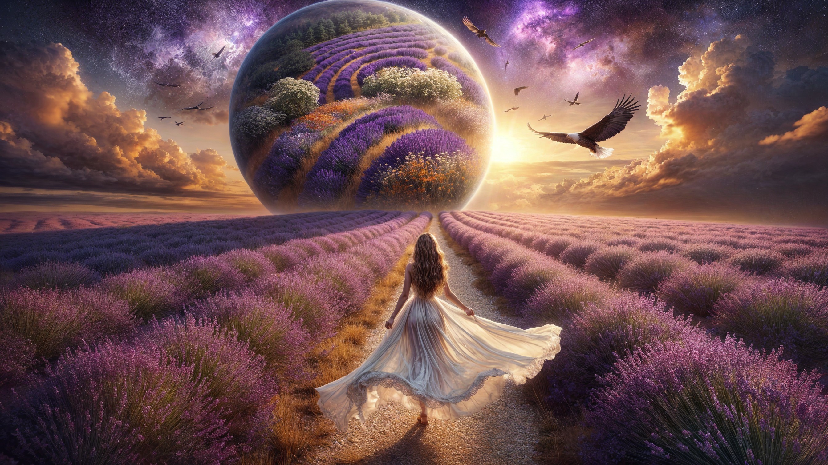Woman in White Dress in Lavender Fields with Floating Orb